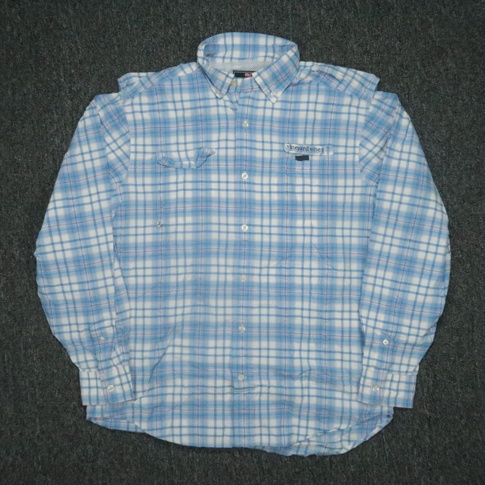 Vineyard Vines Shirt Mens Medium Blue Plaid Performance Harbor Long Sleeve